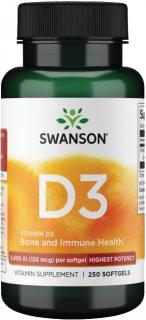 Swanson Vitamín D3 5000 IU, 250 softgel kapsúl