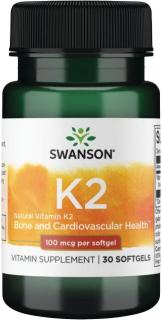Swanson Vitamin K2, Natural MK-7, 100 ug, 30 softgelových kapsúl