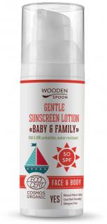 Wooden Spoon Opaľovacie telové mlieko Baby & Family SPF 50 - neviditeľný zinok-Pumpa, 50 ml