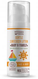Wooden Spoon Opaľovacie telové Mlieko Baby & Family SPF30, Neviditeľný zinok, Pumpa, 50 ml