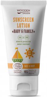Wooden Spoon Opaľovacie telové mlieko Baby & Family SPF30 v tube - neviditeľný zinok Tuba, 150 ml