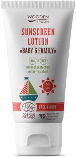 Wooden Spoon Opaľovacie telové mlieko Baby & Family SPF50 v tube - neviditeľný zinok-Tuba, 150 ml