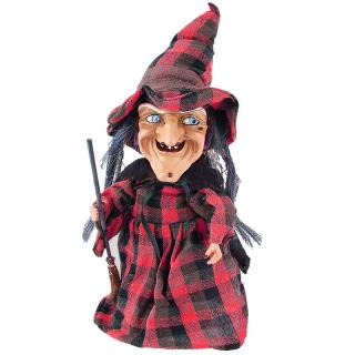 Bosorka s metlou 40cm (Halloweenska bosorka z textilu, dreva, plastu)