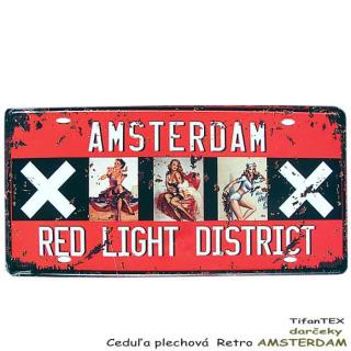 Ceduľa plechová ŠPZ retro AMSTERDAM red light district (dobová tabuľa - evidenčná značka Amsterdamu)