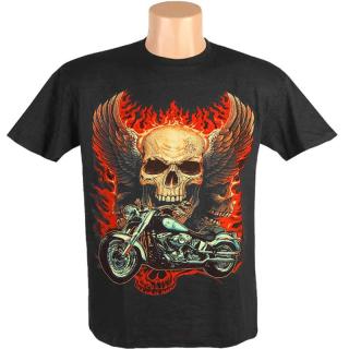 Pánske tričko Motorcycle Winged Skull (Pánske tričko čierne ohnivou lebkou a motorkou cruiser)