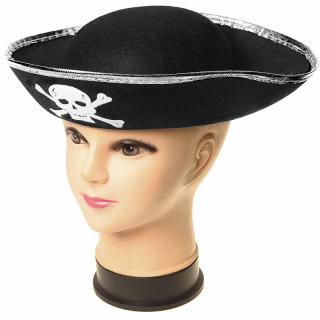 Pirátsky klobúk detský čierny so strieborným lemom (Karnevalový pirátsky klobúk pre deti)
