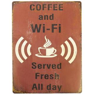 Plechová retro tabuľa Coffee and WiFi 30x40cm (Kovová cedula čerstvá káva a Wi-Fi)