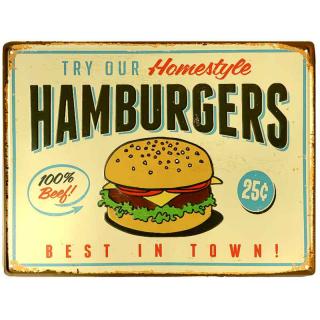 Retro plechová tabuľa Hamburgers 30x20cm  (Reklamná tabuľa na hamburger)