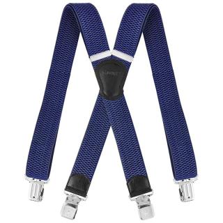 Traky na nohavice Modré šírka 4cm + 4 oceľové klipy (Tmavé traky na nohavice natiahnutá dĺžka 90 - 145 cm)