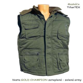 Vesta GOLD CHAMPION zateplená zelená army (pánska zateplená vesta s kapucou)