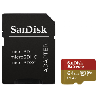 SanDisk Extreme micro SDXC 64 GB 160 MB/s A2 C10 V30 UHS-I U3, adapter (HAMA kód:   183505)