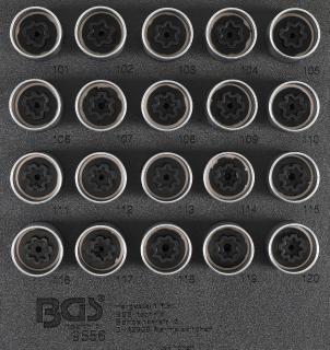 BGS 9556 | Vložka do dielenského vozíka 1/6: sada zástrčných hlavíc pre bezpečnostné skrutky ráfikov pre Opel (typ A) | 20-dielna