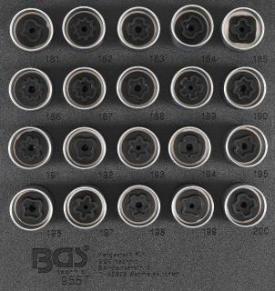 BGS 9557 | Vložka do dielenského vozíka 1/6: sada zástrčných hlavíc pre bezpečnostné skrutky ráfikov pre Opel (typ B) | 20-dielna