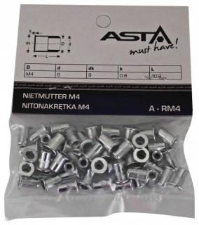 Nitovacie matice s plochou hlavou M4 x 11 mm 50 ks oceľ, Asta, A-RM4/OPAK