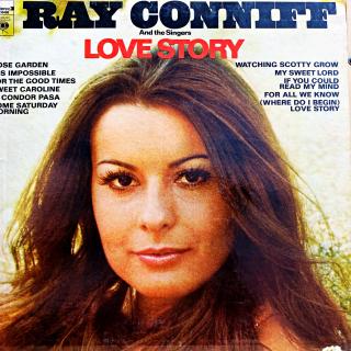 LP Ray Conniff And The Singers – Love Story (Deska je v pěkném a lesklém stavu, jen pár jemných vlásenek. Bezvadný a čistý zvuk. Obal je taky pěkný a lesklý, pouze velmi lehké stopy používání.)