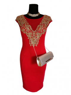 Design Eva dámske spoločenské elegantné šaty červené zlatá krajka