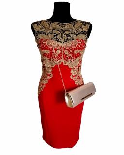 Design Eva šaty dámske elegantné spoločenské zlato červené bez rukáva