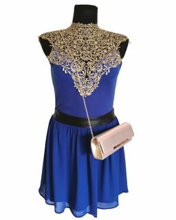 Design Eva šaty elegantné spoločenské modré-zlatá krajka