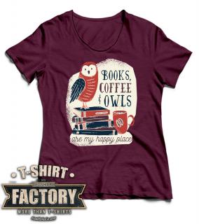 Dámske tričko Books, Coffee &amp; Owls