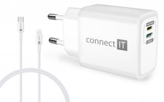 Adaptér CONNECT IT DUPLEX nabíjecí 1xLightning + 1×USB-C, 20W, kabel 27W, bílý