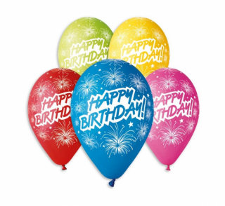Latexové balóny na hélium Happy Birthday Ohňostroj - 5 ks
