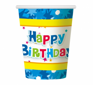 Papierové modré poháre Happy Birthday - 6 ks / 270 ml