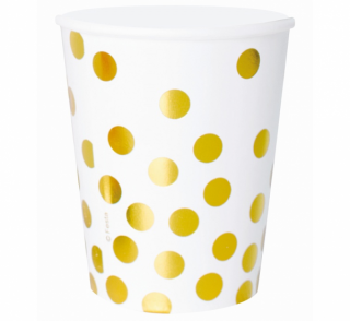 Papierové poháre Biele so zlatými guličkami - 6 ks / 270 ml