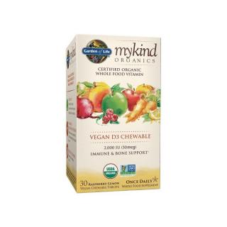 mykind Organics Chewable Vegan D3 - s príchuťou maliny a citrónu, 30 tabliet