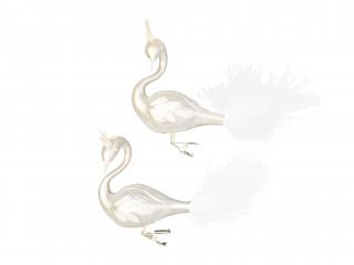 Sada 2 ks dekorácií: Labute s perím na klipe biele 12 cm