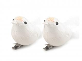 Sada 2 ks dekoracií: Vtáčiky na klipe biele 5 x 15 cm