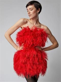 Červené mini šaty s dlhým vtáčím perím, S01 Veľkosť ŠATY: L - obvod pŕs 93-96cm, prsia šaty 98, boky šaty 103cm