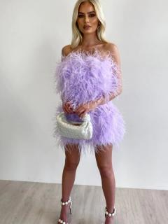 Svetlo fialové mini šaty s dlhým vtáčím perím, S01 Veľkosť ŠATY: S - obvod pŕs 85-88cm, prsia šaty 90cm, boky šaty 95cm