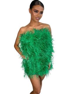 Svieže zelené mini šaty s dlhým vtáčím perím, S01 Veľkosť ŠATY: S - obvod pŕs 85-88cm, prsia šaty 90cm, boky šaty 95cm