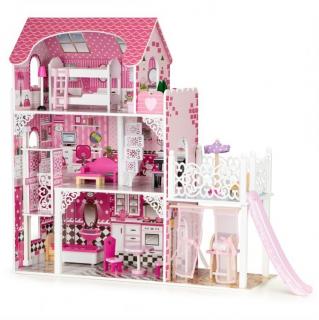 Drevený domček pre bábiky s výťahom a šmykľavkou