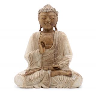 Ručne vyrezávaná socha Buddhu - Biela Vymývaná - Výučba Prenosu 30cm