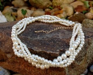 Náhrdelník perlový smotanový zlatá retiazka malé a veľké perličky