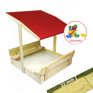 Drevené pieskovisko EVA so strieškou a lavičkami 120cm - prírodné Farba pieskoviska: Prírodná, Farba striešky: Červená
