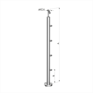 Stĺp nerezový (42.4x2mm), vrchné kotvenie, 4 x držiaková výplň – prechodný, vrch nastaviteľný, brúsený povrch K320/AISI304