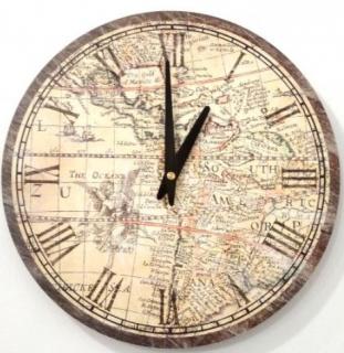 Vintage nástenné hodiny Mapa, priemer 30 cm (Dizajnové hodiny na stenu s rímskymi číslami)