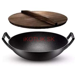 Liatinový čínsky wok 36,5 cm s drevenou pokrievkou (Liatinový čínsky wok, priemer 36,5 cm s drevenou pokrievkou)