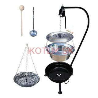 Nerezový kotlík 10 L (1,2 mm) INOX + smaltovaná panvica + ohnisko so stojanom a s poistnou kladkou VAR (Nerezový kotlík 10 L (1,2 mm) INOX + smaltovaná panvica s retiazkou + vareška + naberačka + ohnisko so stojanom a s poistnou kladkou VAR)
