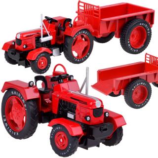 Červený kovový traktor s otočnými gumovými kolesami a prívesom – mierka 1:18 ZA5202