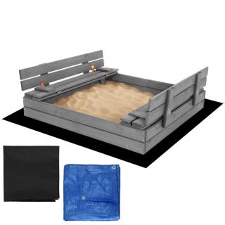 Uzavreté drevené pieskovisko s lavičkami 120x120 cm – impregnované drevo, s plachtou a netkanou textíliou SBP120SET01