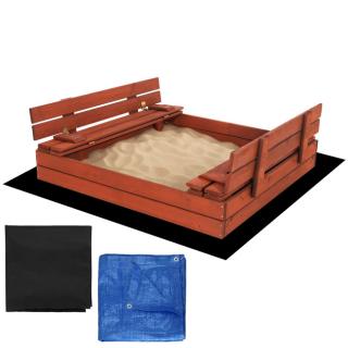 Uzavreté drevené pieskovisko s lavičkami 120x120 cm – impregnované drevo, s plachtou a netkanou textíliou SBP120SET02