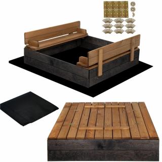 Zatvárateľné pieskovisko s lavičkami + geotextília - 100x100 cm - čierne SB100B