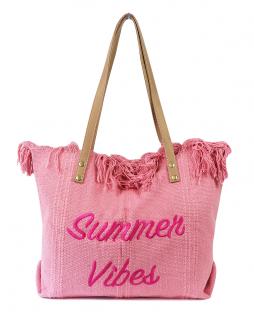 Bavlnená plážová taška T-502-5 s nápisom a strapcami, ružovej farby 7302133-2
