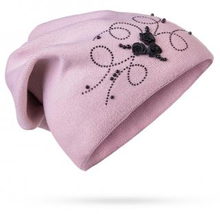 Dámska pletená čiapka s ružičkami a kamienkami, ružovej farby 7100374-3
