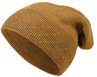 Dámska pletená čiapka Wrobi s lesklými kamienkami, okrovo žltá 7100377-14