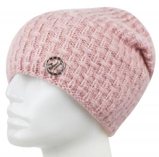 Dámska pletená zimná čiapka s kovovou ozdobou - ružová 7100386
