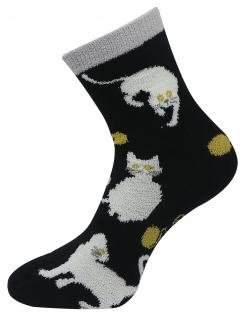 Dámske chlpaté termo ponožky s mačkami NB8917, čierno-žltej farby 9001502-1 Veľkosť ponožiek: 35-38